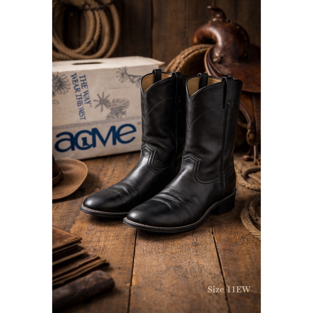 Acme Black Leather Roper Cowboy Boots 11EW Wide Western Great Used Condition